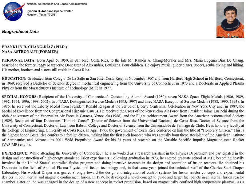 Nasa: Astronaut Biography: Franklin R. Chang Diaz (ph.d.) Handout Nasa: Astronaut Biography: Franklin R. Chang Diaz (ph.d.) Handout