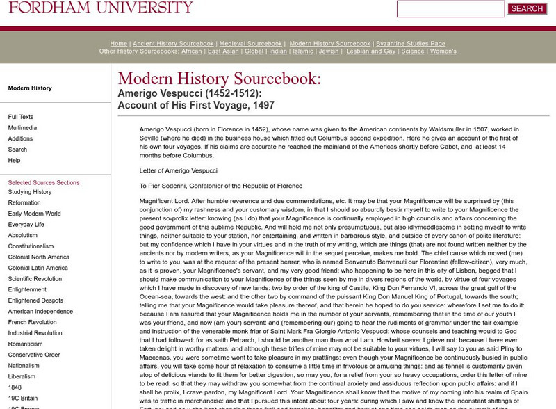 Fordham University: Modern History Sourcebook: Amerigo Vespucci Handout Fordham University: Modern History Sourcebook: Amerigo Vespucci Handout