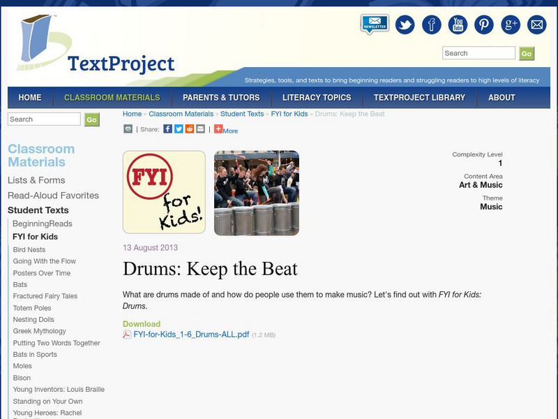 Text Project: Fyi for Kids: Drums: Keep the Beat Article Text Project: Fyi for Kids: Drums: Keep the Beat Article