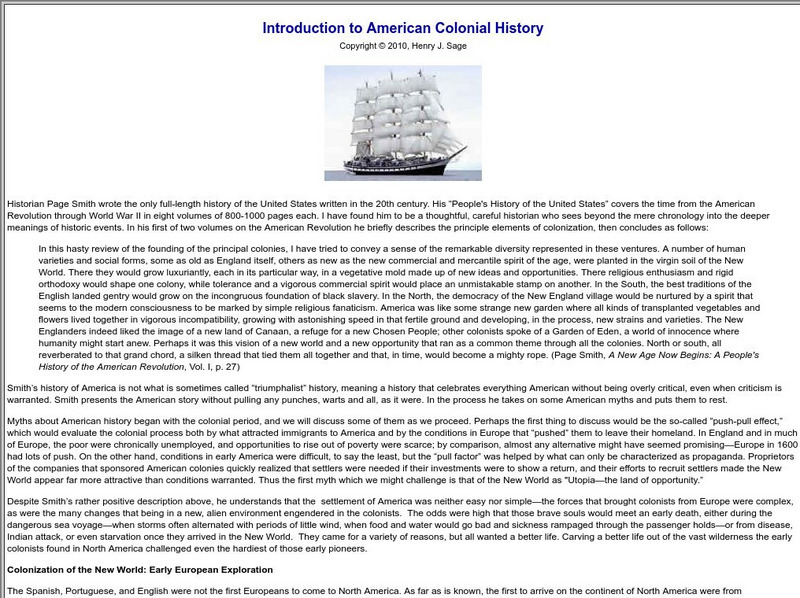 Sage American History: Introduction to American Colonial History Article Sage American History: Introduction to American Colonial History Article