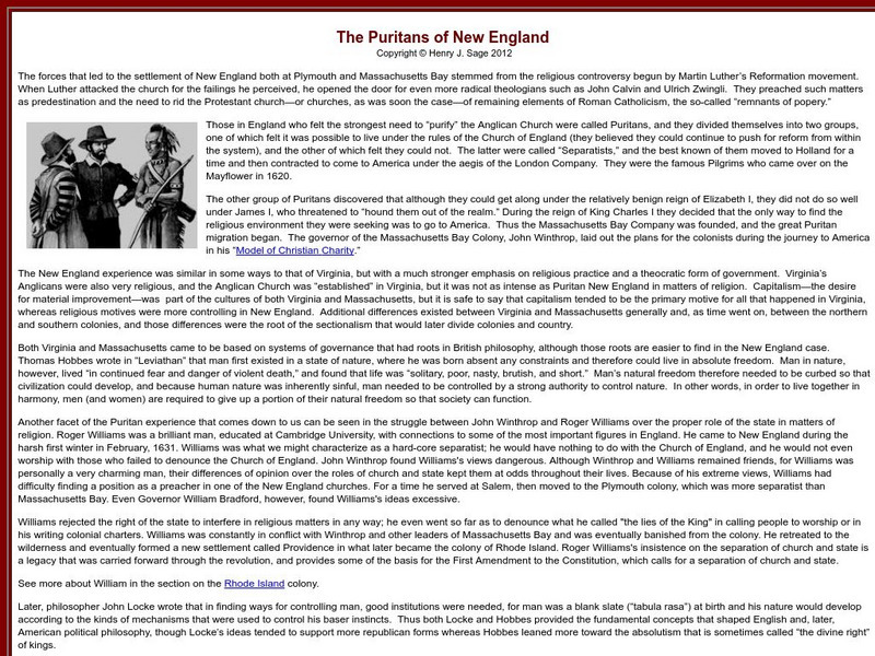 Sage American History: The Puritans of New England Article Sage American History: The Puritans of New England Article