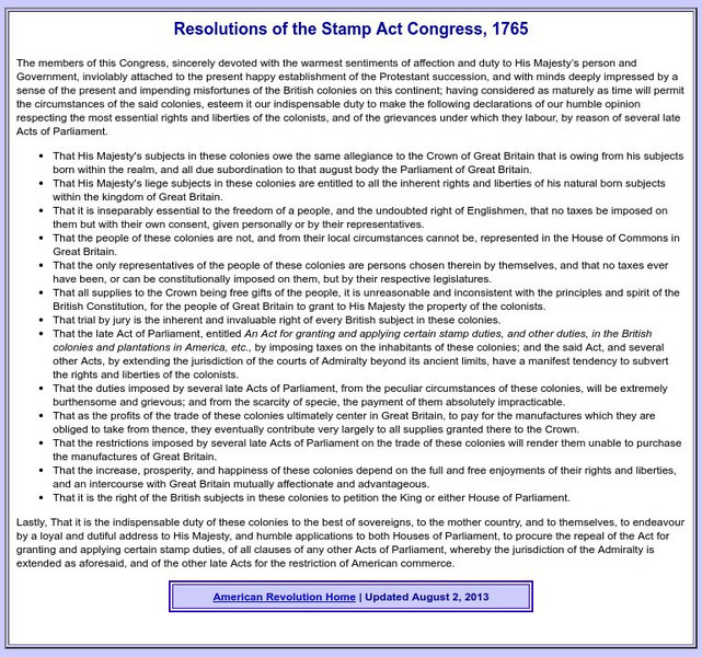 Sage American History: Resolutions of the Stamp Act Congress, 1765 Primary Sage American History: Resolutions of the Stamp Act Congress, 1765 Primary