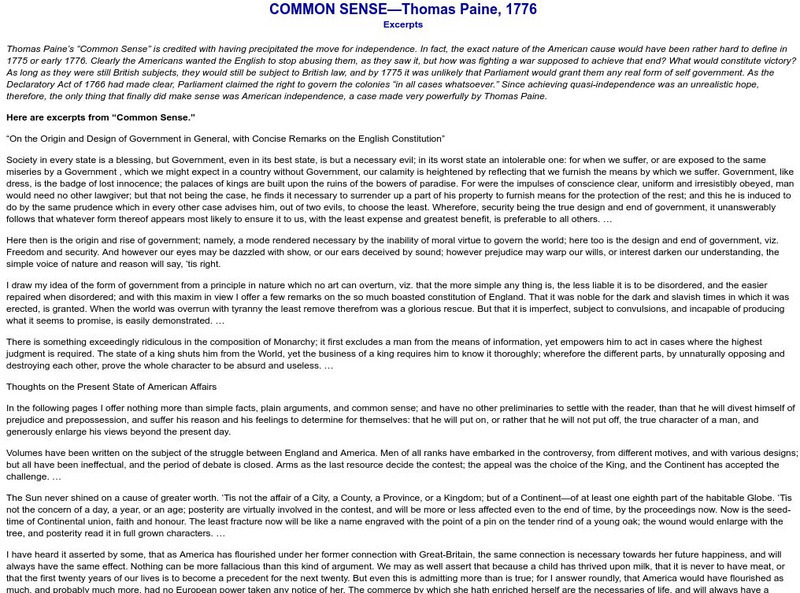 Sage American History: Common Sense, Thomas Paine, 1776 Primary Sage American History: Common Sense, Thomas Paine, 1776 Primary