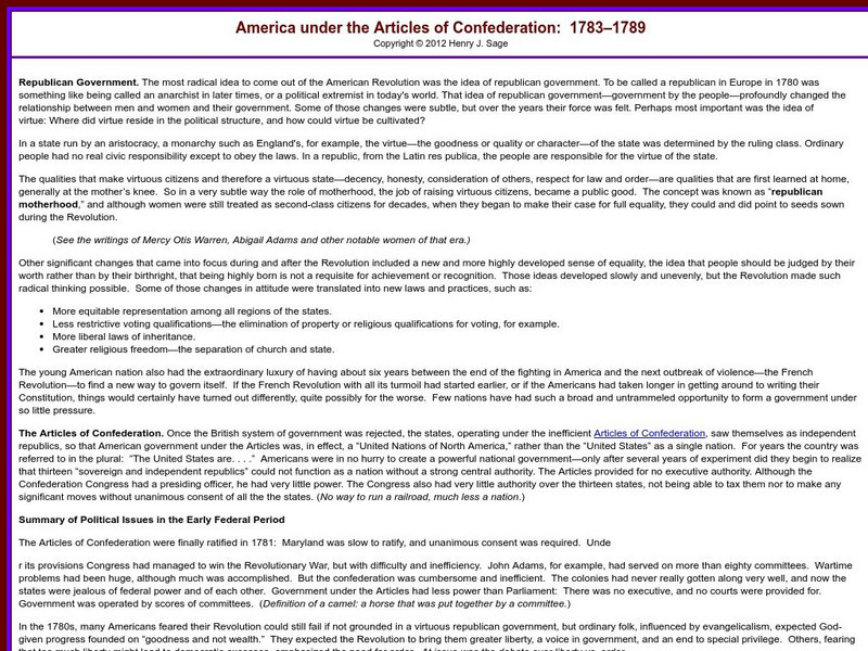 Sage American History: America Under the Articles of Confederation: 1783 1789 Article Sage American History: America Under the Articles of Confederation: 1783 1789 Article