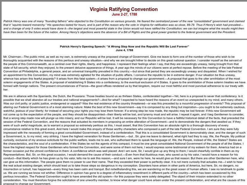 Sage American History: Virginia Ratifying Convention Primary Sage American History: Virginia Ratifying Convention Primary