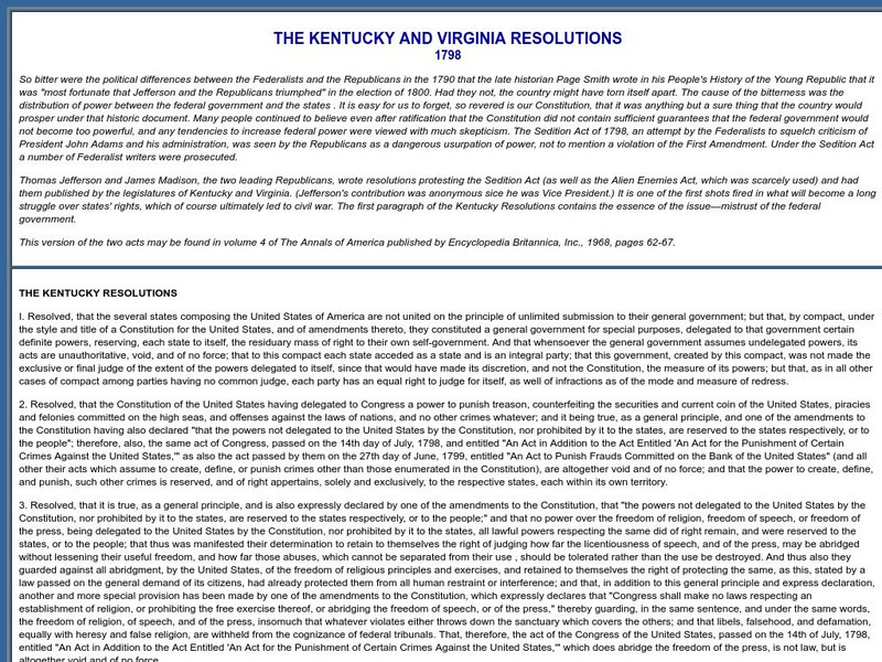 Sage American History: The Kentucky and Virginia Resolution Primary Sage American History: The Kentucky and Virginia Resolution Primary