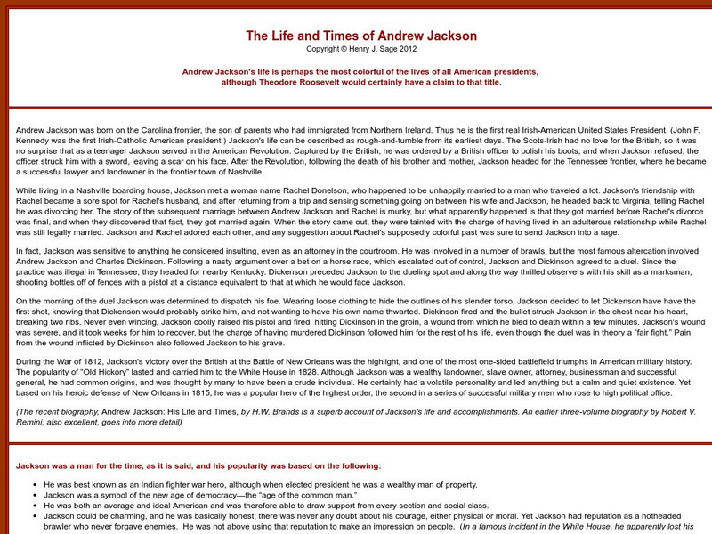 Sage American History: The Life and Times of Andrew Jackson Article Sage American History: The Life and Times of Andrew Jackson Article