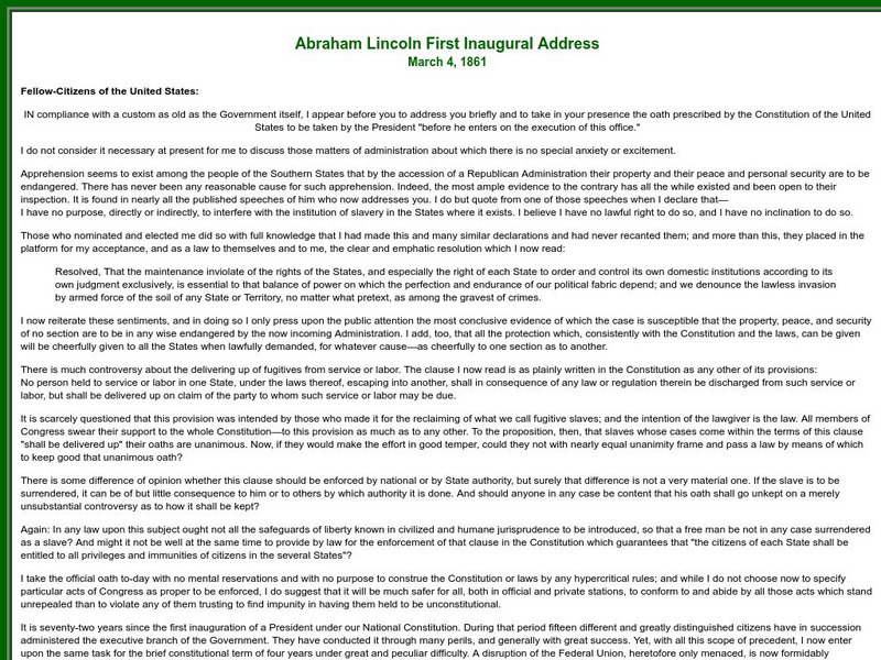Sage American History: Abraham Lincoln First Inaugural Address, March 4, 1861 Primary Sage American History: Abraham Lincoln First Inaugural Address, March 4, 1861 Primary