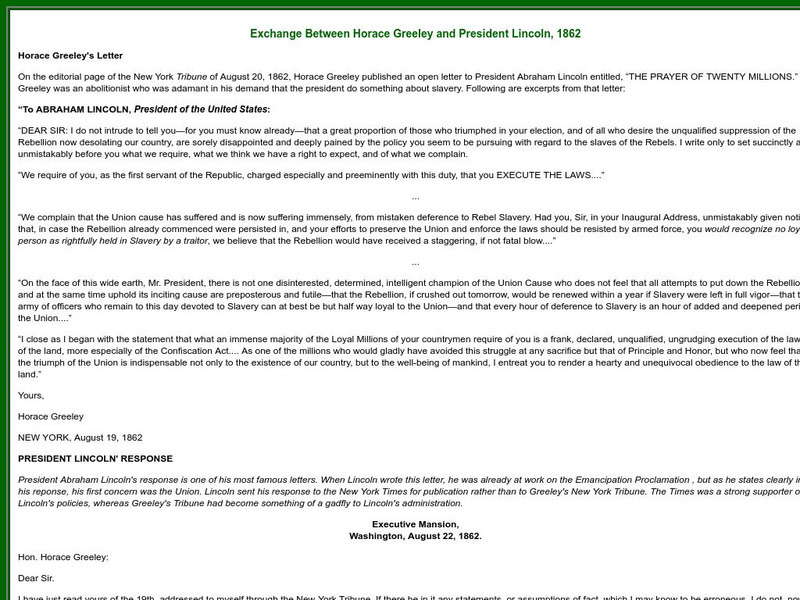 Sage American History: Exchange Between Horace Greeley and Lincoln, 1862 Primary Sage American History: Exchange Between Horace Greeley and Lincoln, 1862 Primary