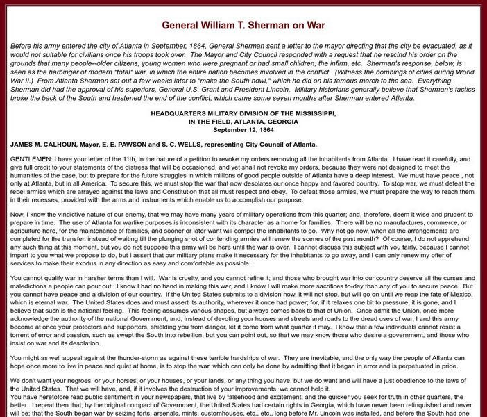 Sage American History: General William T. Sherman on War, 1864 Primary