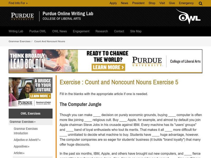 Purdue University Owl: Exercise: Count and Noncount Nouns Exercise 5 Handout