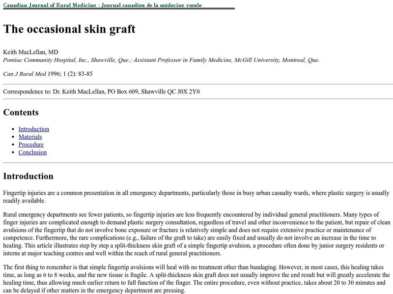 Canadian Medical Association: The Occasional Skin Graft Handout Canadian Medical Association: The Occasional Skin Graft Handout