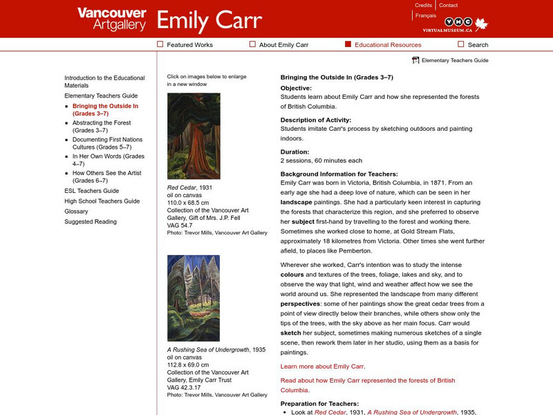 Virtual Museum of Canada: Vancouver a Rt Gallery: Emily Carr: Bringing the Outside In Lesson Plan