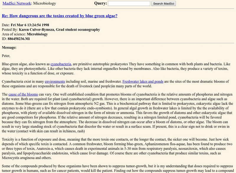 Mad Scientist Network: Toxins of Blue Green Algae Handout Mad Scientist Network: Toxins of Blue Green Algae Handout