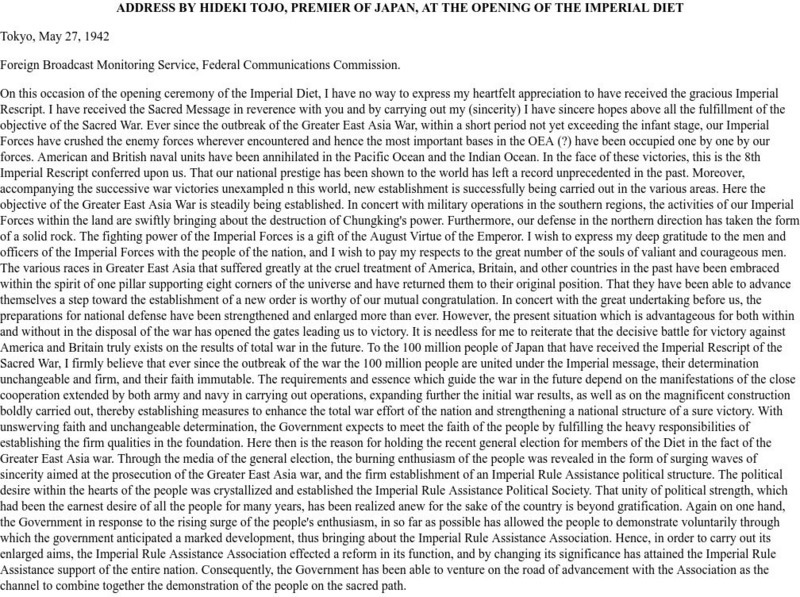 Ibiblio: Address by Hideki Tojo, Premier of Japan Primary Ibiblio: Address by Hideki Tojo, Premier of Japan Primary