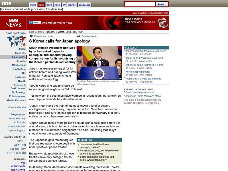 Bbc: South Korea Calls for Japan Apology Article Bbc: South Korea Calls for Japan Apology Article