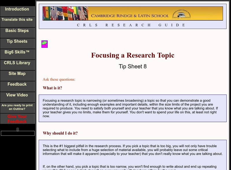 Cambridge Rindge & Latin School: Focusing a Research Topic Activity Cambridge Rindge & Latin School: Focusing a Research Topic Activity