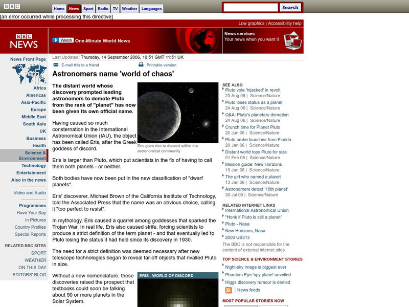 Bbc: Astronomers Name 'World of Chaos' Website Bbc: Astronomers Name 'World of Chaos' Website
