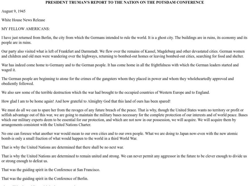 Ibiblio: Truman's Report to the Nation on the Potsdam Conference Primary Ibiblio: Truman's Report to the Nation on the Potsdam Conference Primary