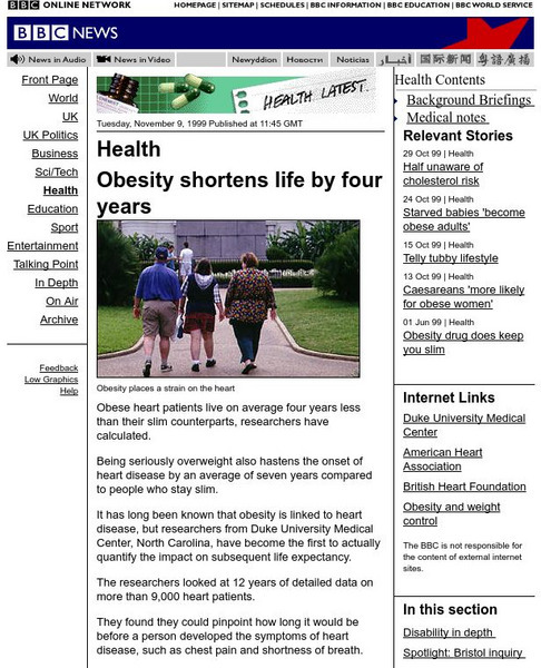 Bbc News: Obesity Shortens Life by Four Years Website