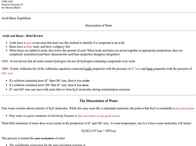 Florida State Univ.: Acid Base Equilibria: Dissociation of Water Activity Florida State Univ.: Acid Base Equilibria: Dissociation of Water Activity