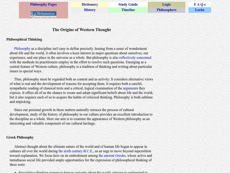 Philosophy Pages: The Origins of Western Thought Handout Philosophy Pages: The Origins of Western Thought Handout