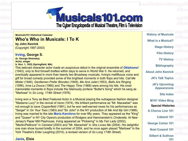 Musicals 101: Who's Who in Musicals I to K Handout Musicals 101: Who's Who in Musicals I to K Handout