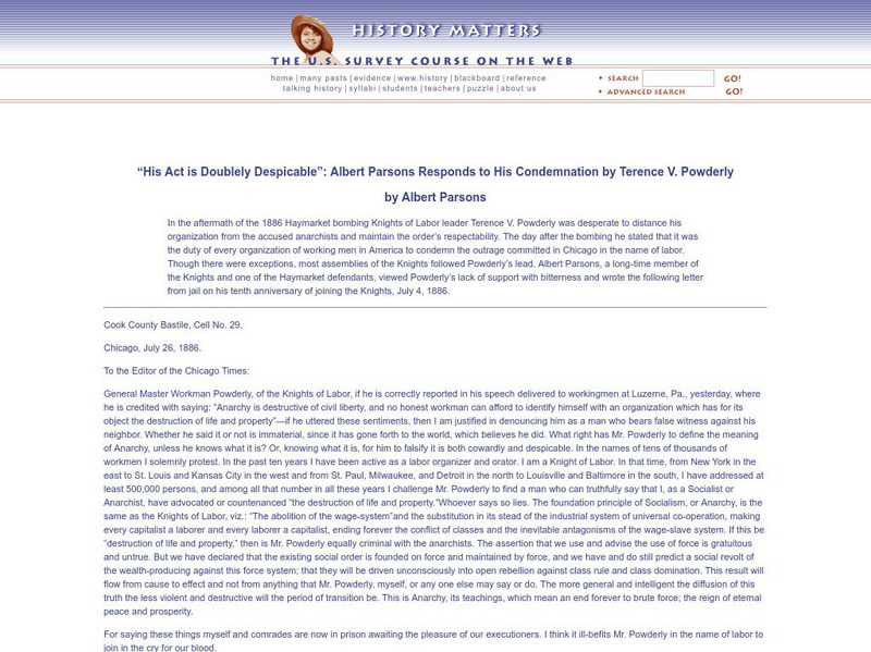 History Matters: Parsons Responds to Powderly Primary History Matters: Parsons Responds to Powderly Primary