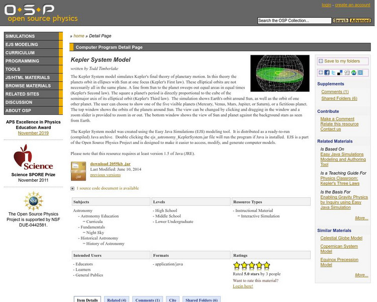 Com Padre Digital Library: Open Source Physics: Kepler System Model Handout Com Padre Digital Library: Open Source Physics: Kepler System Model Handout