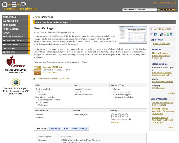 Com Padre Digital Library: Open Source Physics: Demo Package Handout Com Padre Digital Library: Open Source Physics: Demo Package Handout