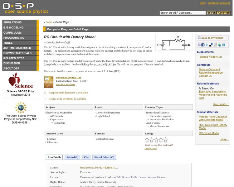 Com Padre Digital Library: Open Source Physics: Rc Circuit With Battery Model Handout Com Padre Digital Library: Open Source Physics: Rc Circuit With Battery Model Handout