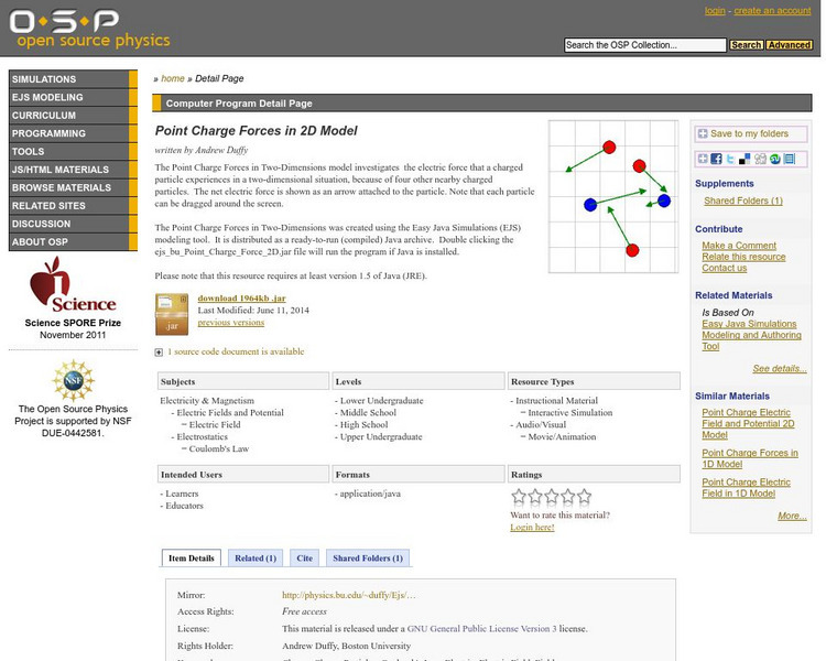 Com Padre Digital Library: Open Source Physics: Point Charge Forces in 2 D Model Handout Com Padre Digital Library: Open Source Physics: Point Charge Forces in 2 D Model Handout