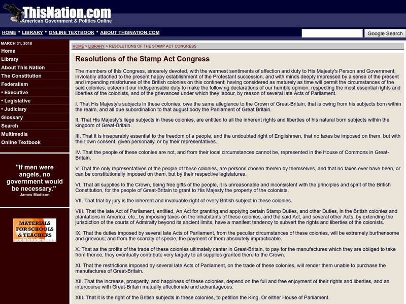 This nation.com: Resolutions of the Stamp Act Congress Primary This nation.com: Resolutions of the Stamp Act Congress Primary