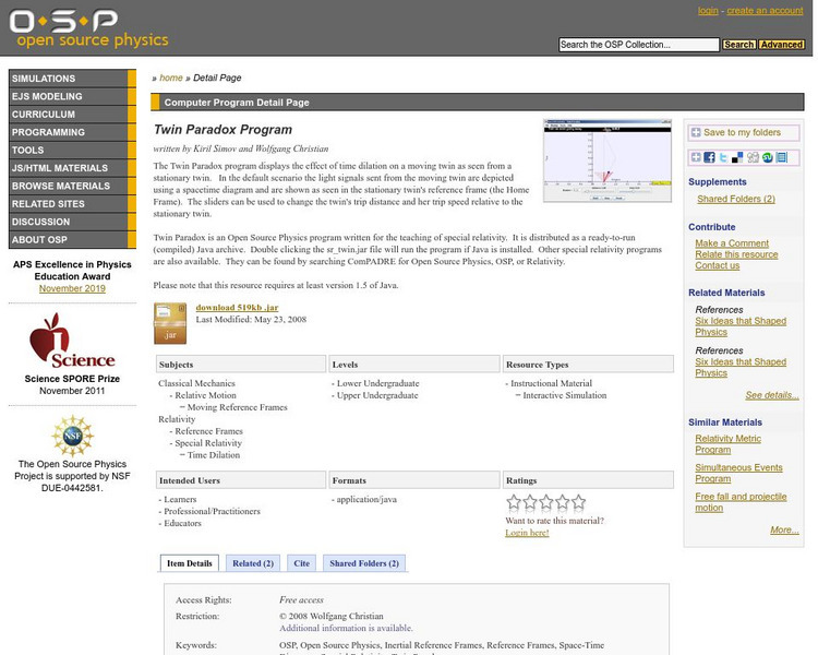 Com Padre Digital Library: Open Source Physics: Twin Paradox Program Interactive Com Padre Digital Library: Open Source Physics: Twin Paradox Program Interactive