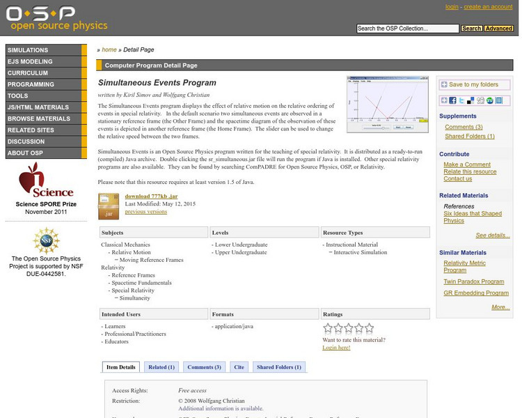 Com Padre Digital Library: Open Source Physics: Simultaneous Events Program Interactive Com Padre Digital Library: Open Source Physics: Simultaneous Events Program Interactive