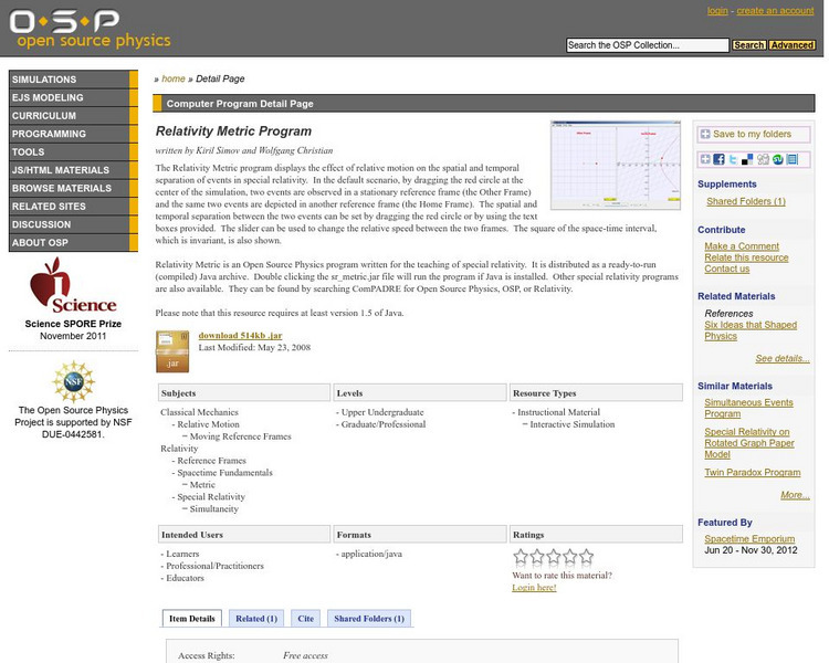 Com Padre Digital Library: Open Source Physics: Relativity Metric Program Interactive Com Padre Digital Library: Open Source Physics: Relativity Metric Program Interactive