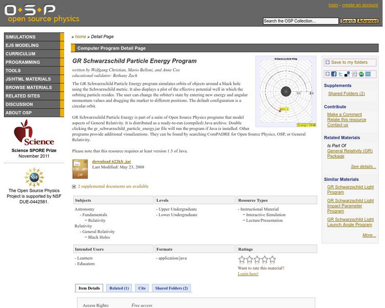 Com Padre Digital Library: Open Source Physics: Schwarzschild Particle Energy Interactive