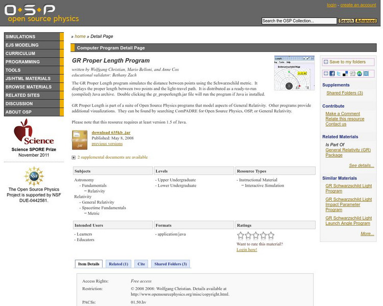 Com Padre Digital Library: Open Source Physics: General Relativity Proper Length Interactive Com Padre Digital Library: Open Source Physics: General Relativity Proper Length Interactive