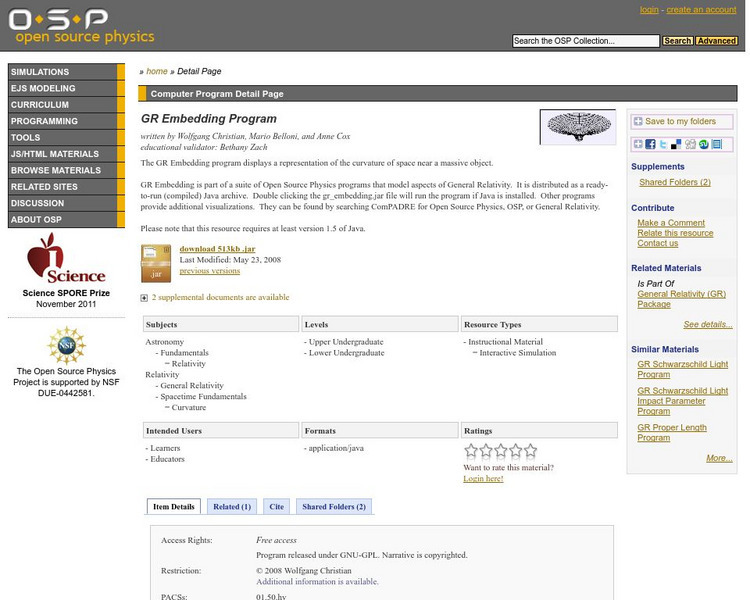 Com Padre Digital Library: Open Source Physics: General Relativity Embedding Interactive Com Padre Digital Library: Open Source Physics: General Relativity Embedding Interactive