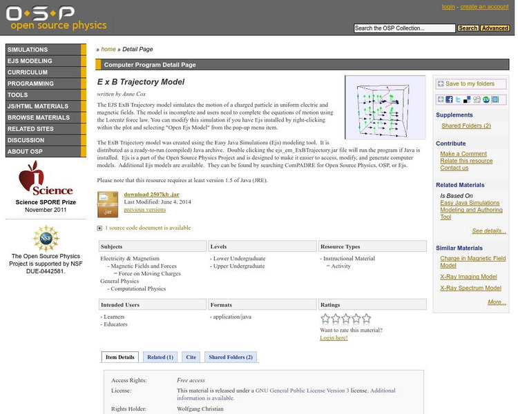 Com Padre Digital Library: Open Source Physics: E X B Trajectory Model Handout Com Padre Digital Library: Open Source Physics: E X B Trajectory Model Handout