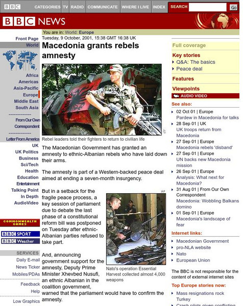 Bbc News: Macedonia Grants Rebels Amnesty Article Bbc News: Macedonia Grants Rebels Amnesty Article