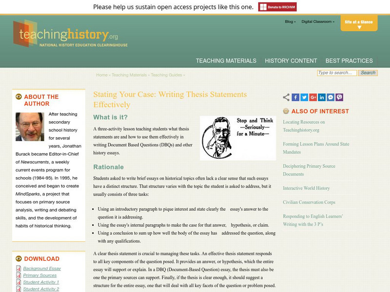 Teaching History: Teaching Guides: Stating Your Case: Writing Thesis Statements Lesson Plan Teaching History: Teaching Guides: Stating Your Case: Writing Thesis Statements Lesson Plan