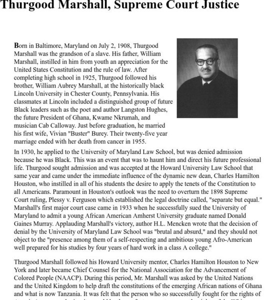 George Mason University: Thurgood Marshall Supreme Court Justice Handout George Mason University: Thurgood Marshall Supreme Court Justice Handout