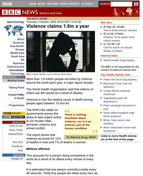 Bbc News: Violence Claims 1.6 M a Year Article Bbc News: Violence Claims 1.6 M a Year Article