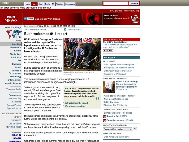 Bbc News: Bush Welcomes 9/11 Report Article Bbc News: Bush Welcomes 9/11 Report Article