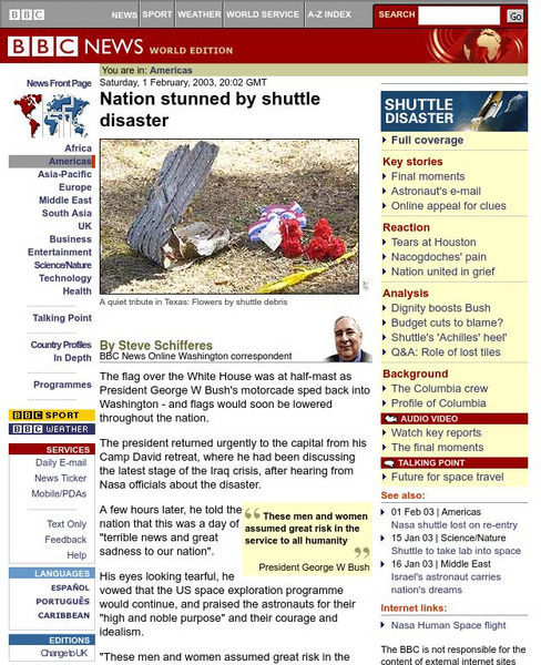 Bbc: Nation Stunned by Shuttle Disaster Website Bbc: Nation Stunned by Shuttle Disaster Website