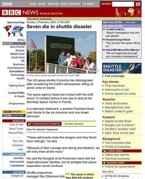Bbc: Seven Die in Shuttle Disaster Website Bbc: Seven Die in Shuttle Disaster Website