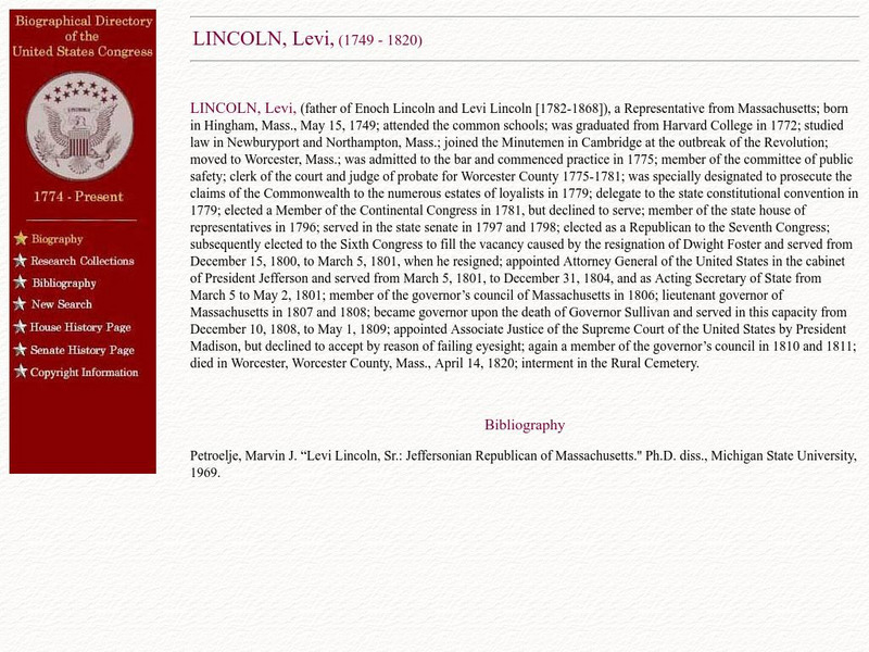 Loc: Biographical Directory of the u.s. Congress: Levi Lincoln Handout