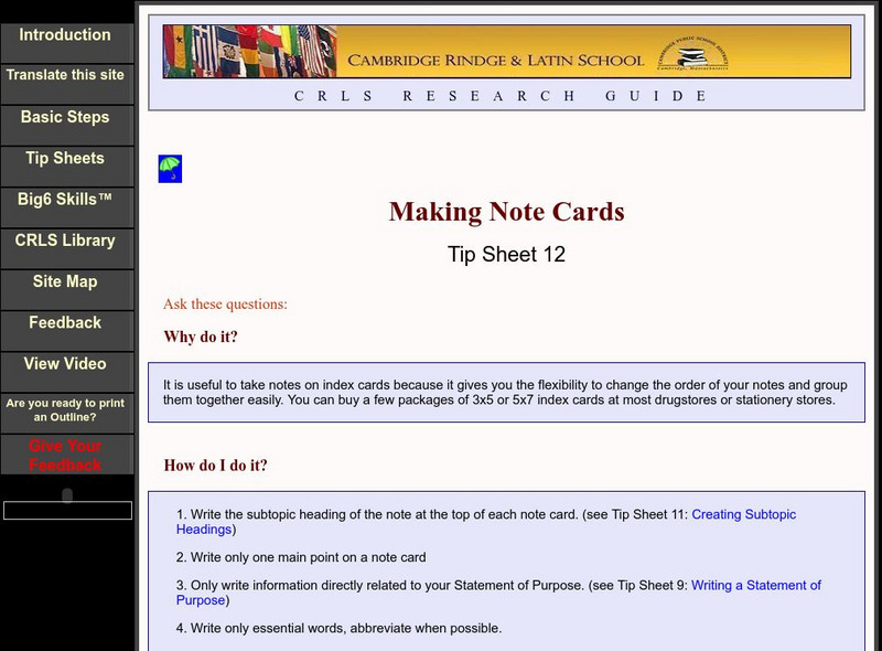 Cambridge Rindge & Latin School: Making Note Cards Activity Cambridge Rindge & Latin School: Making Note Cards Activity