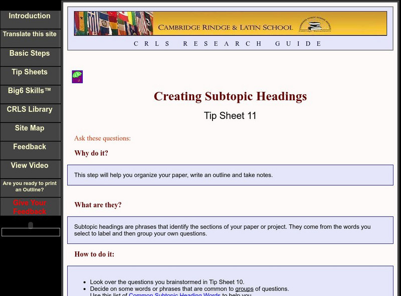 Cambridge Rindge & Latin School: Creating Subtopic Headings Handout Cambridge Rindge & Latin School: Creating Subtopic Headings Handout